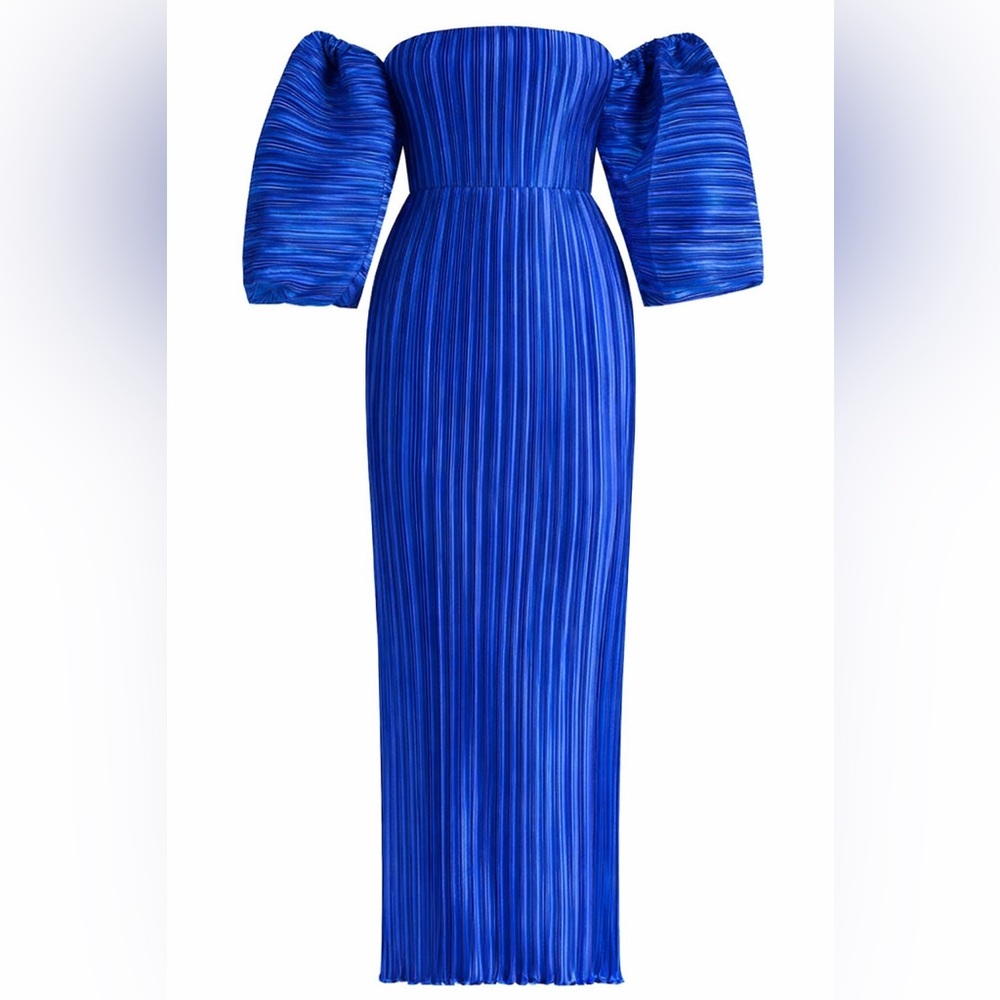 Chic Strapless Blue Dress with Puff Sleeves